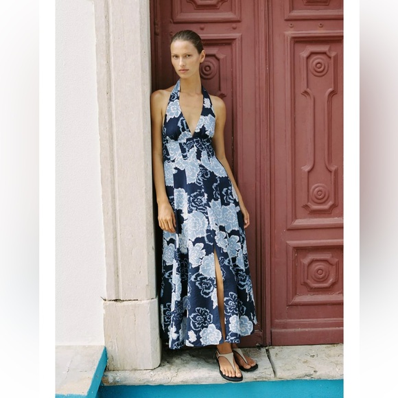 Elegant Navy Floral Halter Dress - Picture 1 of 7